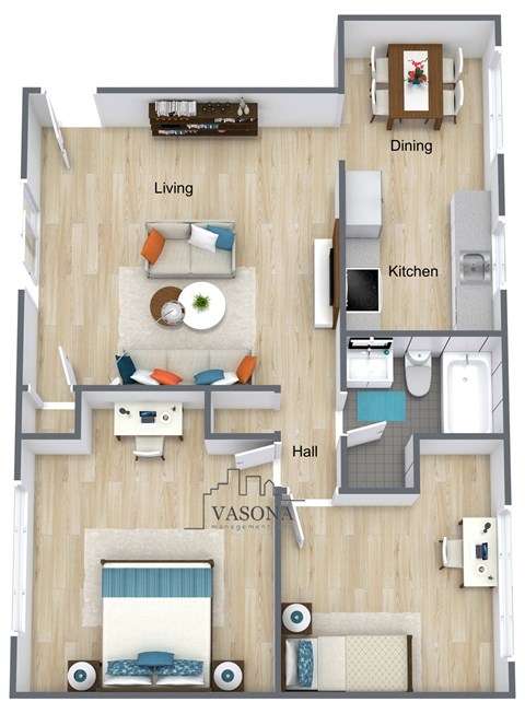 Floor plan for 2 beds, 1 bath, 850 sqft